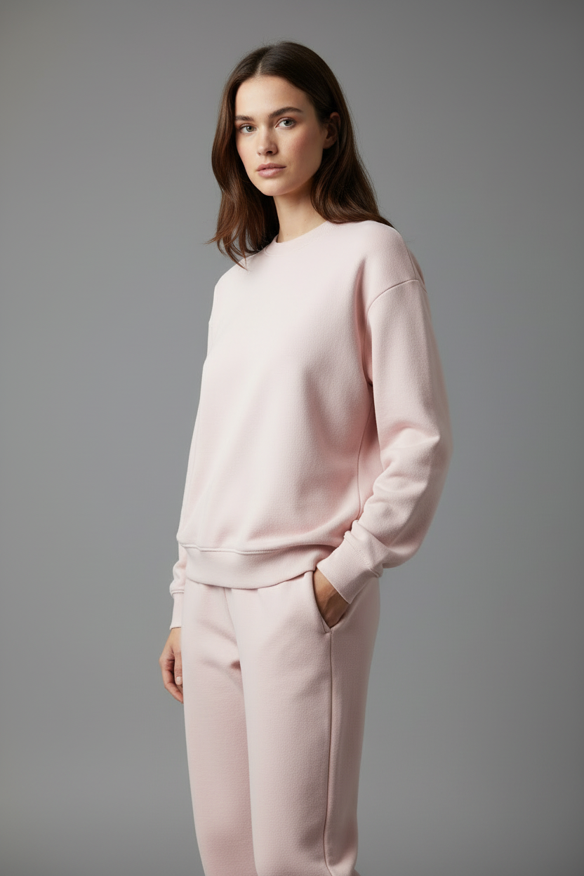 Model in light pink sweatshirt - three-quarter turn