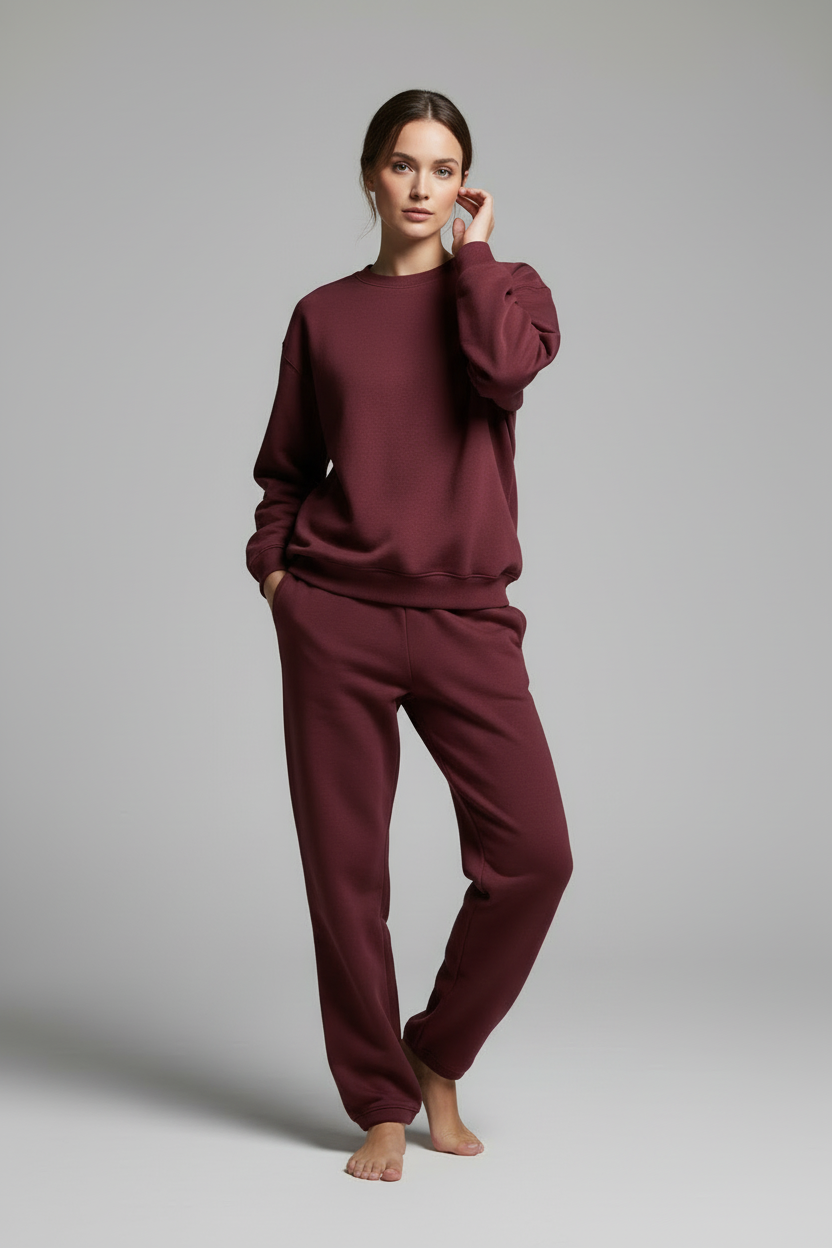 Model in maroon sweatshirt - contrapposto