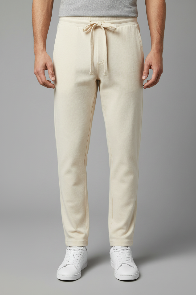 Model wearing cream pants