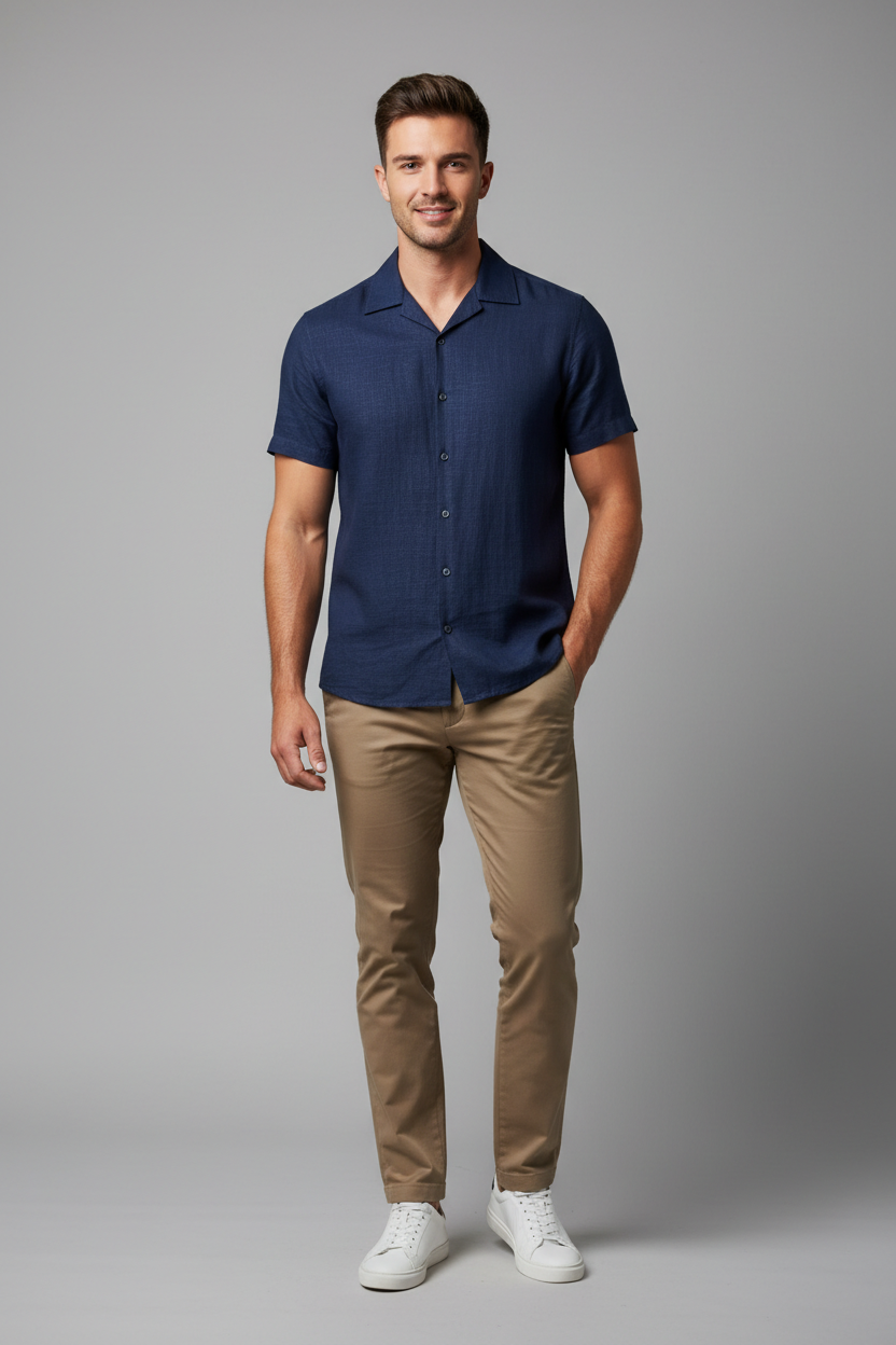 Navy Blue Cuban Collar Shirt