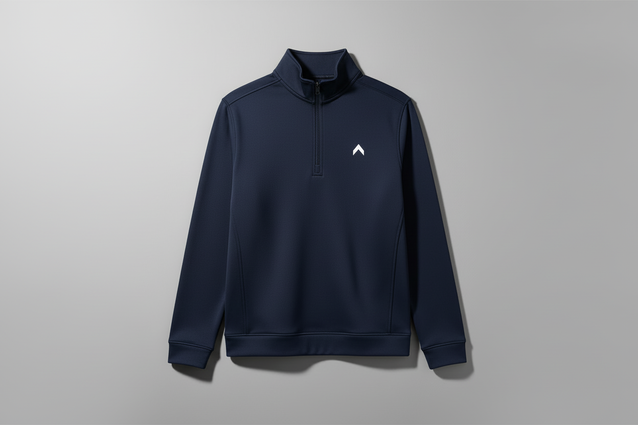 Navy quarter zip front view with white logo