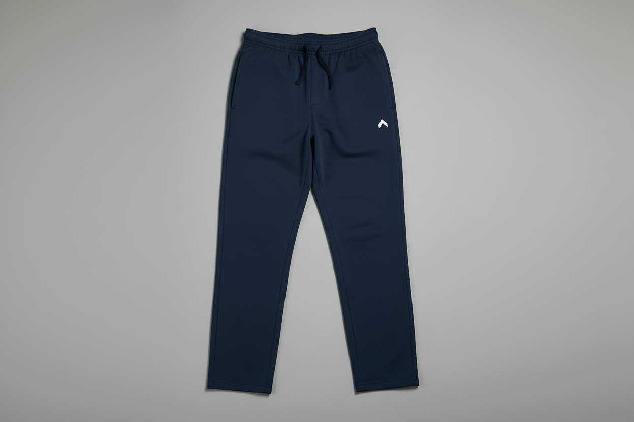 Navy sweatpants flat on floor