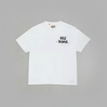 Overhead flat lay showing front of shirt with grunge typography
