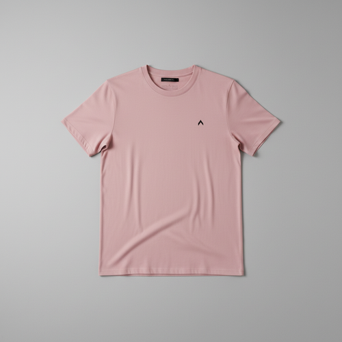 Pink t-shirt flat lay with matching logo size