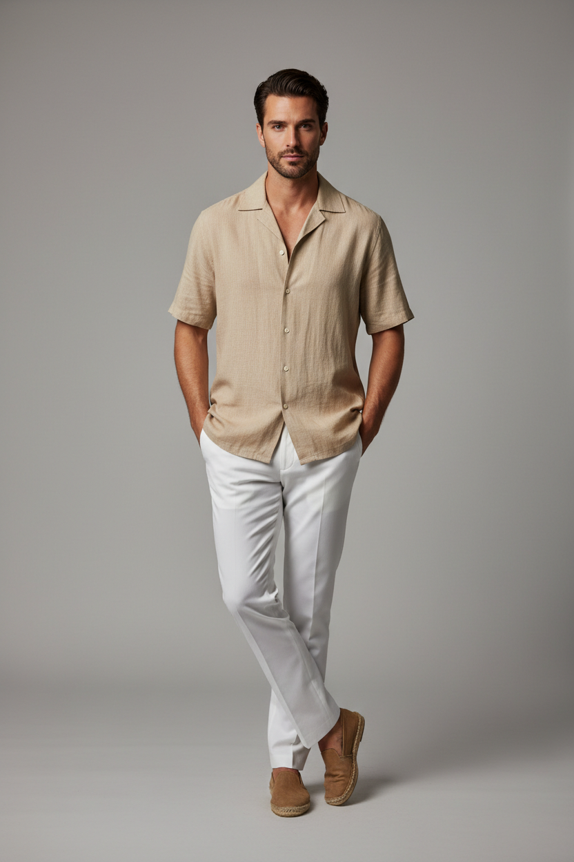 Tan Beige Cuban Collar Shirt