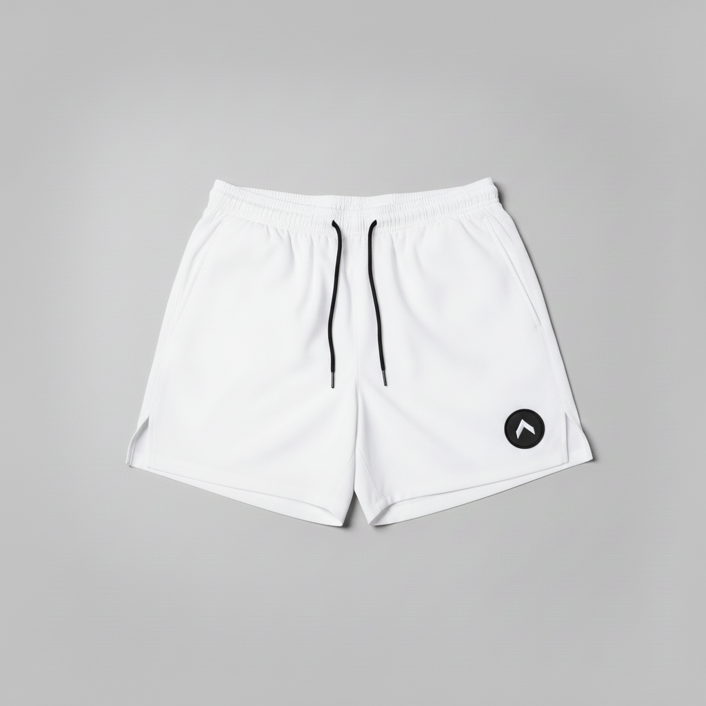 White 7" swim trunks flat lay