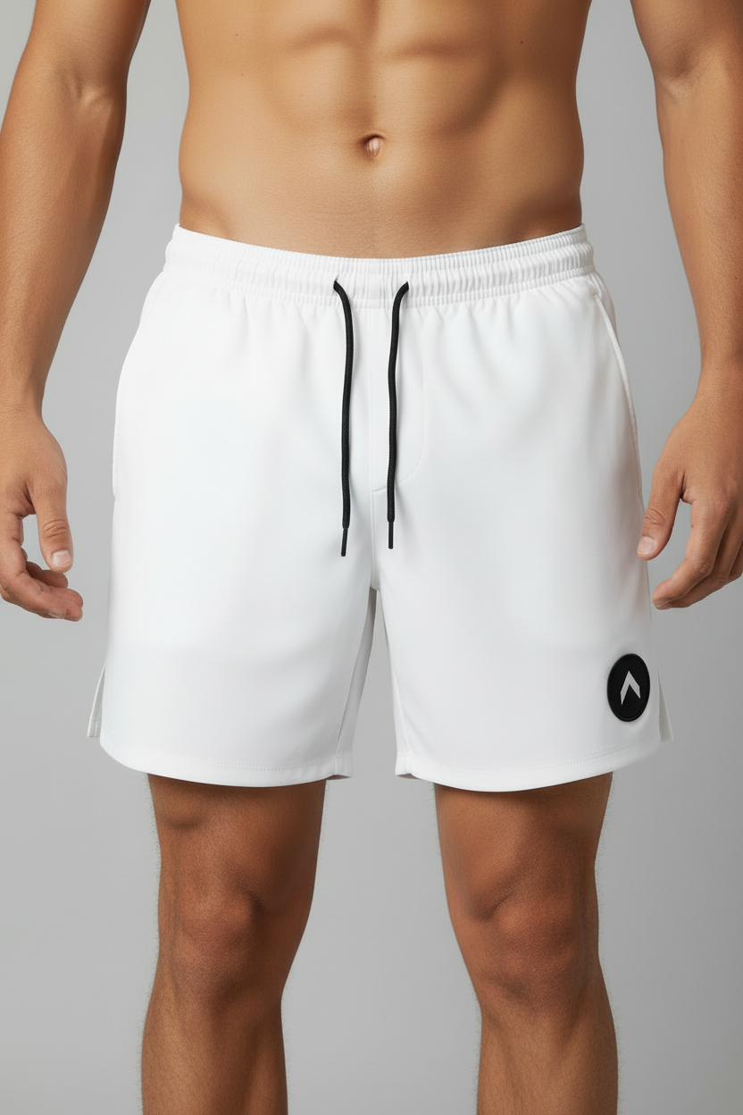 White 7" swim trunks front on model