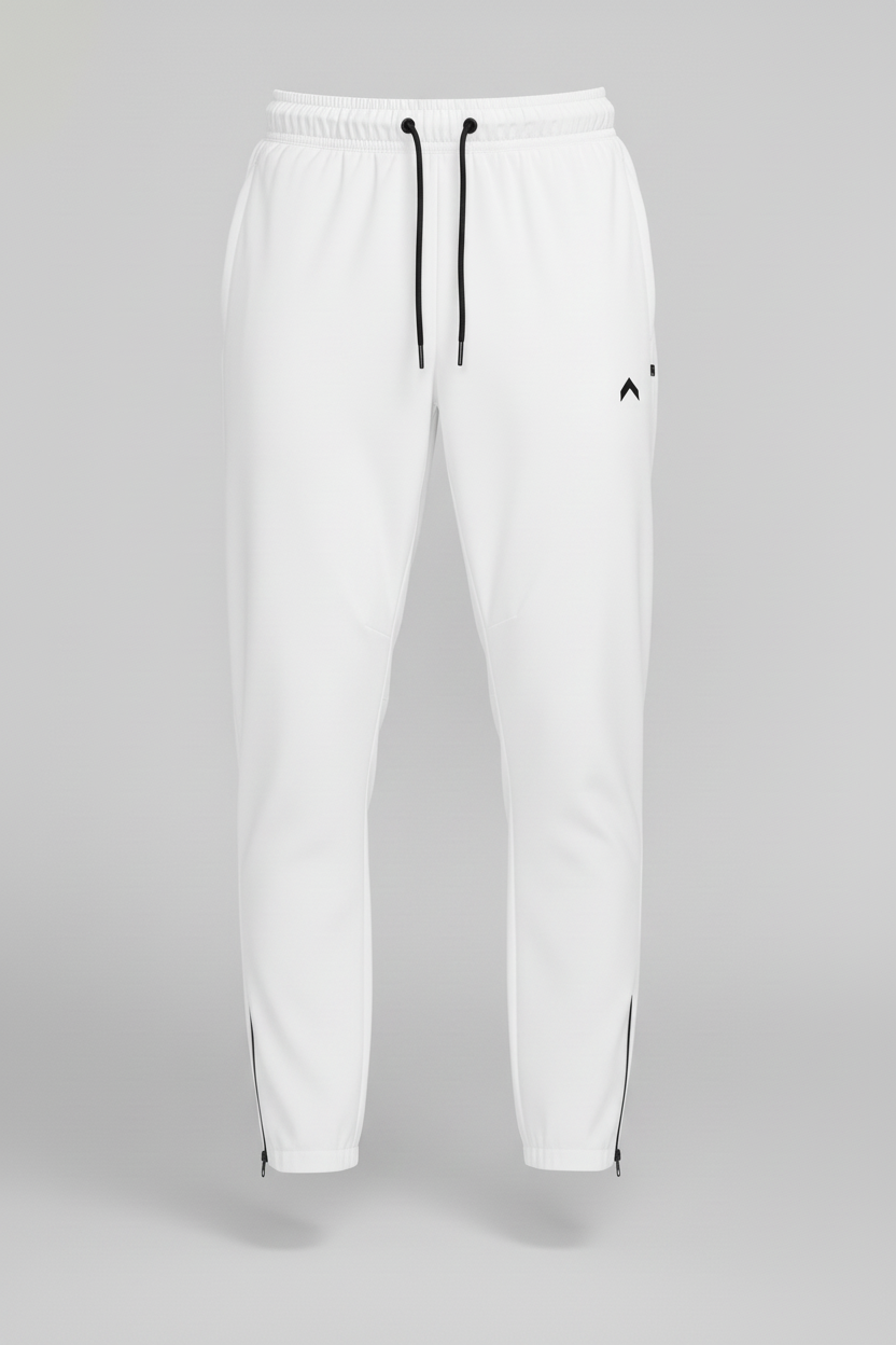 White athletic joggers with black logo