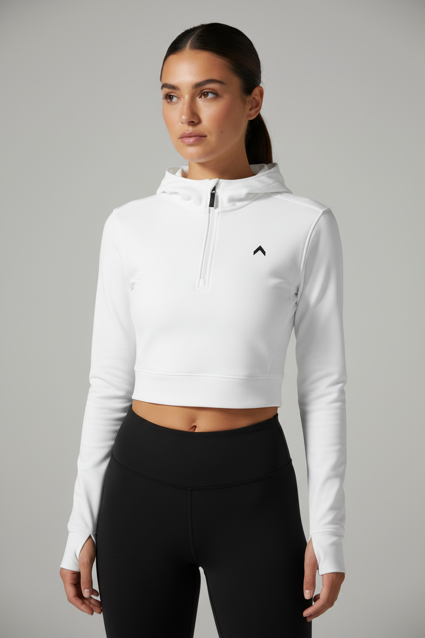White Crop Top Half-Zip Hoodie with Black Logo
