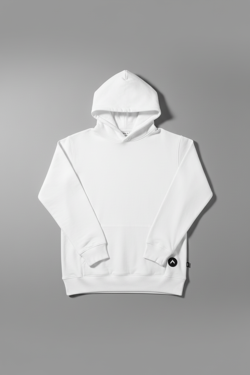 White hoodie with logo positioned right