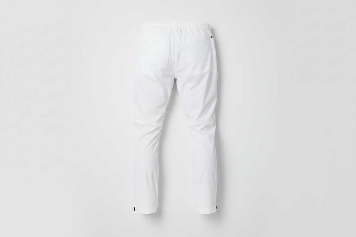White rain-proof pants back view flat lay