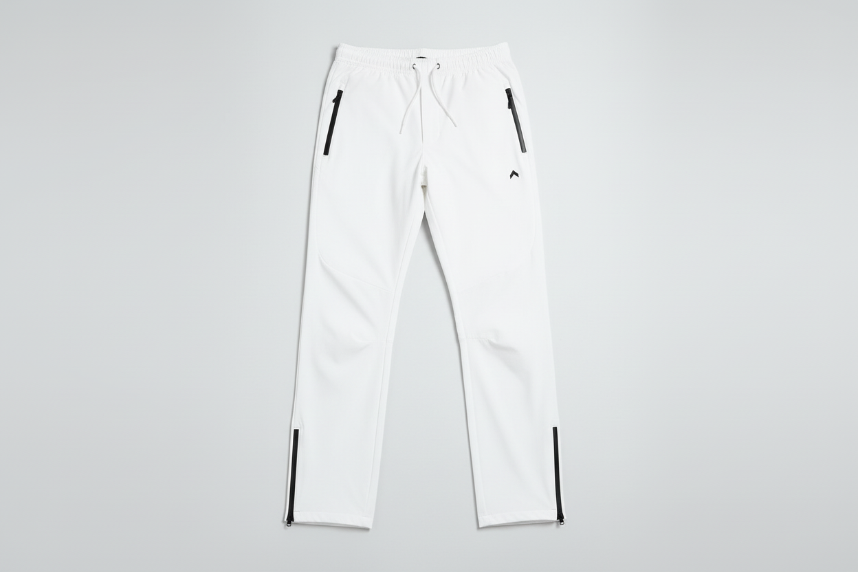 White rain-proof pants flat lay