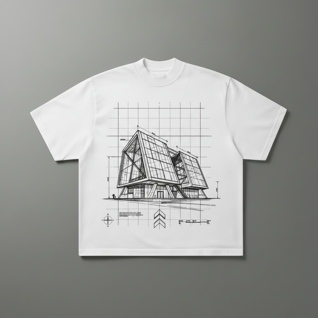 White shirt with architectural blueprint design