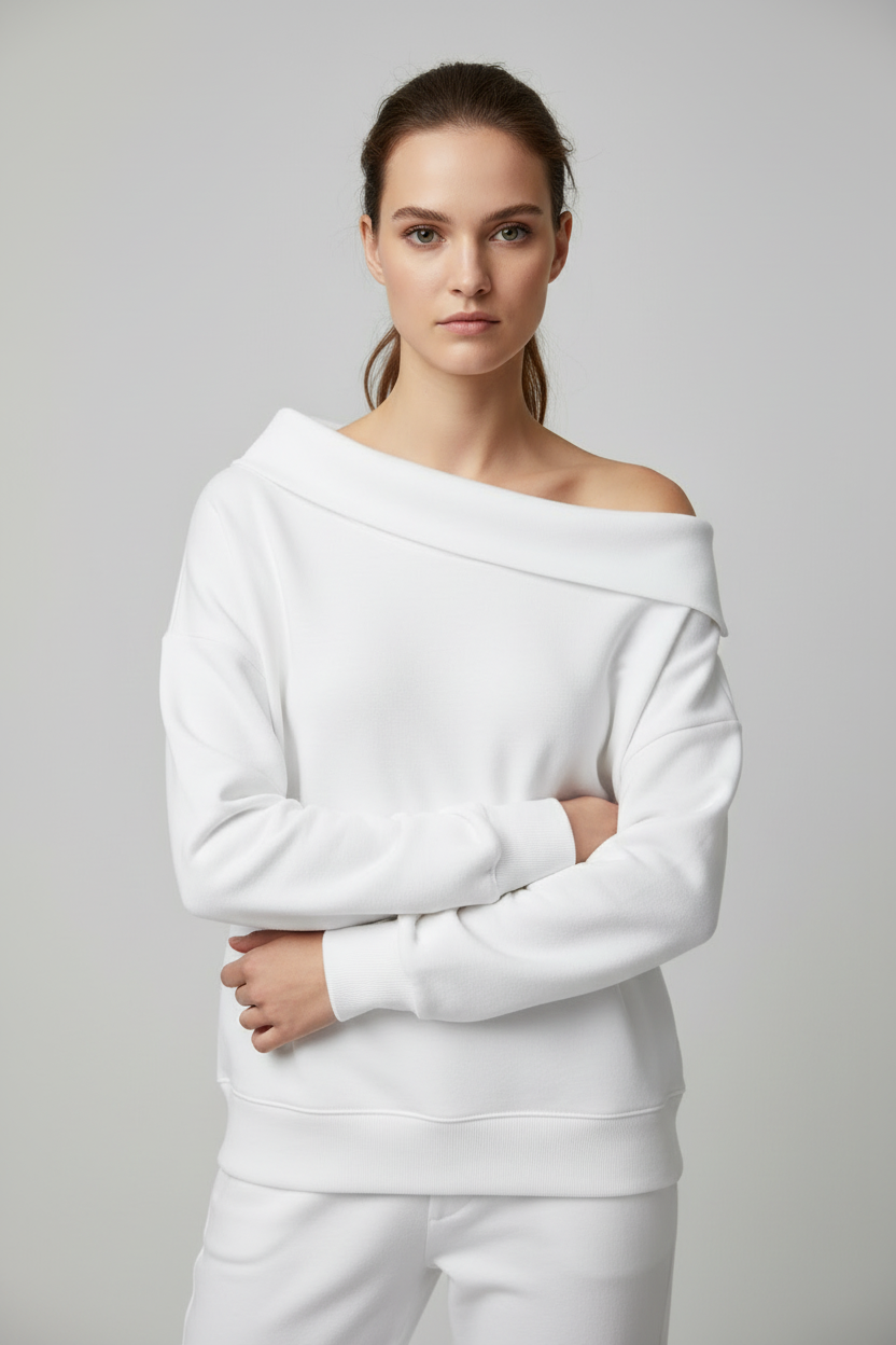 White sweatshirt - different model, arms crossed
