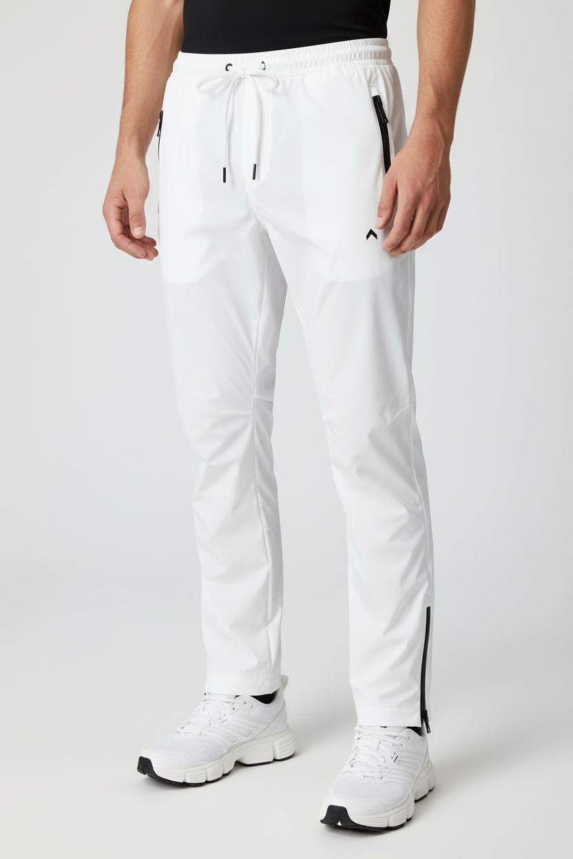 White zip-up rain-proof pants with black logo